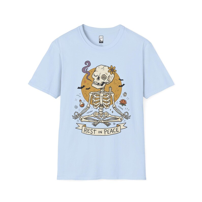 Skeleton Halloween Shirt | Rest In Peace Skull Tee | Full Moon Bat Graphic Tee | Yoga Meditation T Shirt | Vintage Spooky Tee | Unisex Gift Light Blue