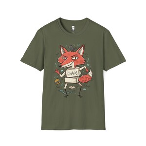 Chaos Fox T-Shirt | Mischievous Fox Illustration, Indie Lowbrow Art Tee Military Green