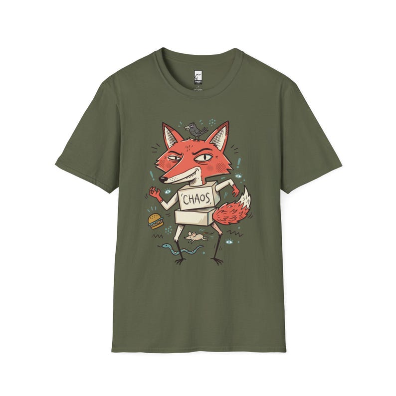 Chaos Fox T-Shirt | Mischievous Fox Illustration, Indie Lowbrow Art Tee Military Green