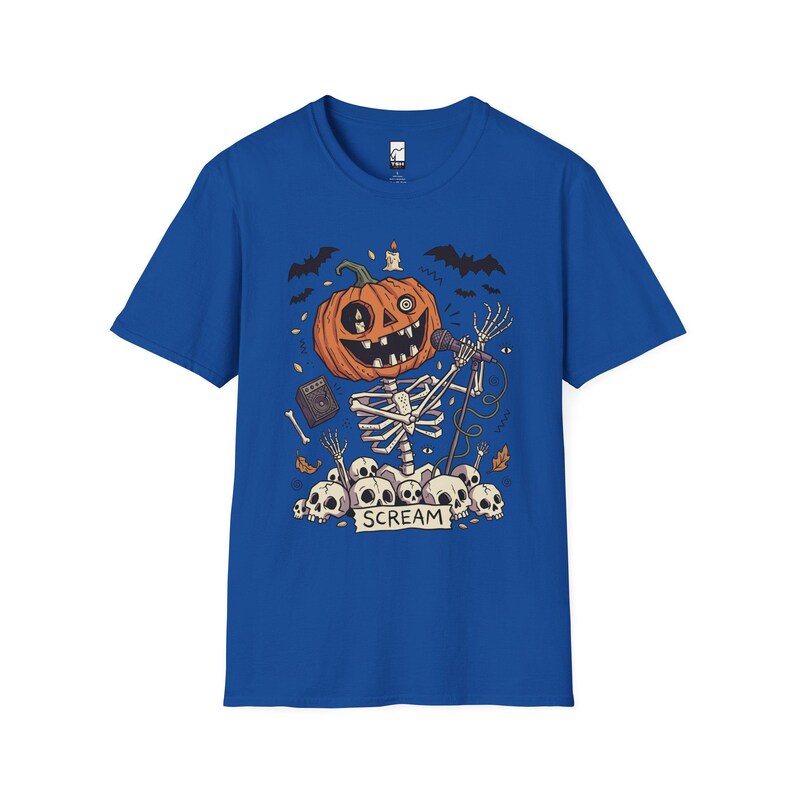 Scream Skeleton Halloween Shirt | Pumpkin Rocker T-shirt | Metal Horror Tee | Retro Herfstconcert Top | Gothic Rock Kleding | Unisex Cadeau Royal