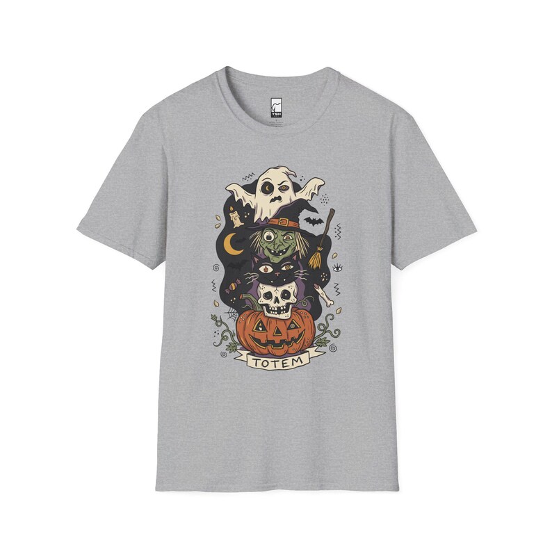 Halloween Witch Shirt | Black Cat Ghost Tee | Jack O Lantern Graphic Tee | Creepy Skull T Shirt | Retro Spooky Season Tee | Unisex Gift Sport Grey