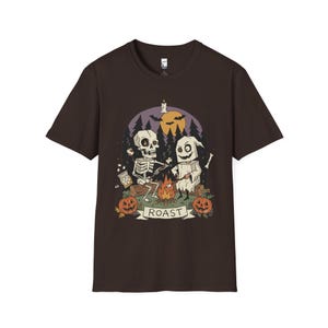 Skeleton Roast Halloween Shirt | Ghost Campfire Tee | Funny Marshmallow T Shirt | Spooky Smores Graphic Tee | Retro Fall Tee | Unisex Gift Dark Chocolate