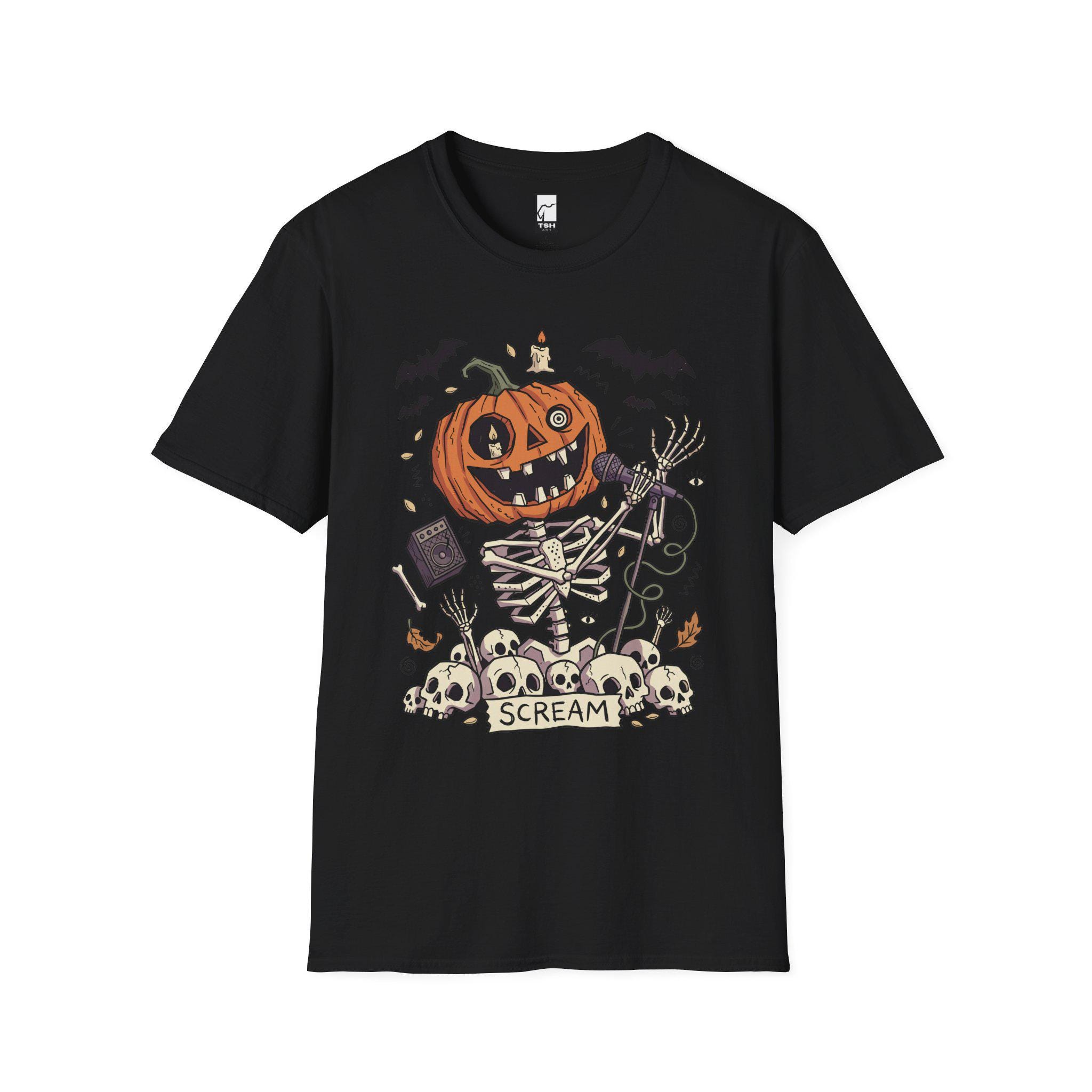 Scream Skeleton Halloween Shirt | Pumpkin Rocker T Shirt | Metal Horror Tee | Retro Fall Concert Top | Gothic Rock Clothes | Unisex Gift