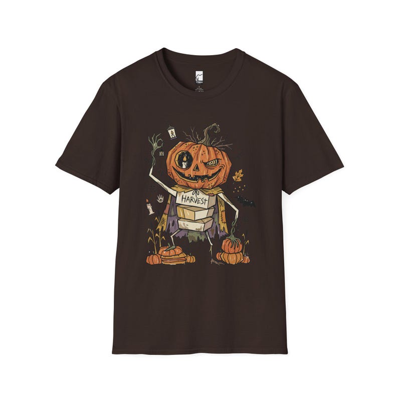 Camiseta Unissex com Estampa de Abóbora | Estampa de Abóbora de Halloween | Camiseta com Estampa de Colheita de Outono | Camiseta Assustadora com Abóbora Dark Chocolate