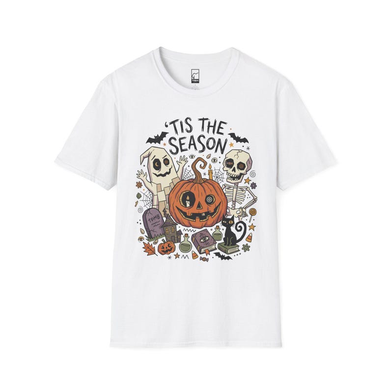 Tis The Season Halloween Shirt | Spooky Ghost T Shirt | Cute Pumpkin Graphic Tee | Retro Horror Fall Top | Gothic Cat Clothes | Unisex Gift White