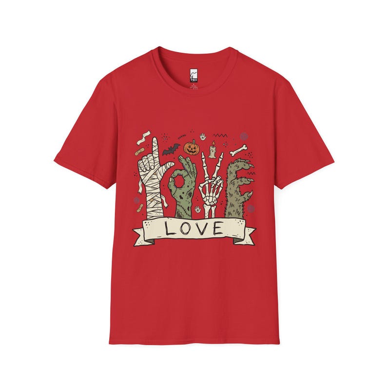 Halloween Love Shirt | Monster Hands T Shirt | Spooky Skeleton Hand Tee | Zombie Mummy Graphic Tee | Cute Creepy Fall Tee | Unisex Gift Red