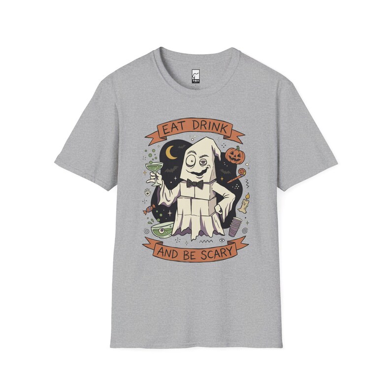 Eat Drink Ghost T-Shirt | Halloween Ghost Cocktail Tee Sport Grey