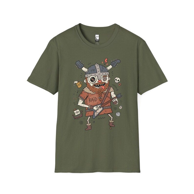 Viking Rocker T-Shirt | Norse Heavy Metal Graphic Tee, Guitarist Unisex Shirt Military Green