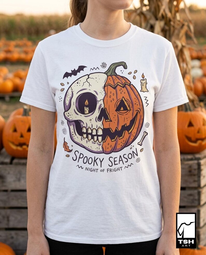 Spooky Season Halloween Shirt | Skull Pumpkin T Shirt | Retro Horror Graphic Tee | Creepy Fall Outfit | Gothic Autumn Wear | Unisex Gift