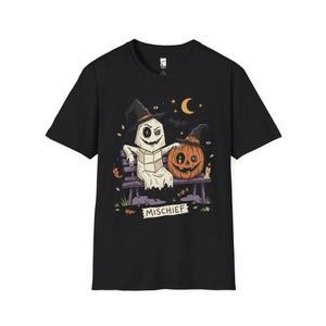 Niedliches Geister-Kürbis-Shirt | Halloween-T-Shirt mit Hexenhut | Gruseliges Grafik-T-Shirt | Herbst-T-Shirt für beste Freunde | Retro-Grusel-T-Shirt | Unisex-Geschenk Black