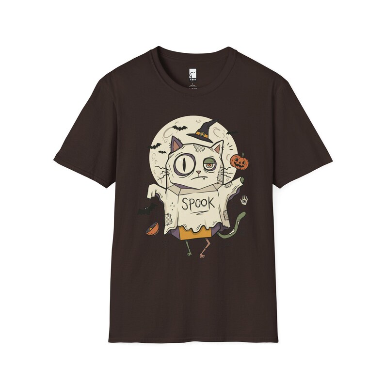 Halloween Cat Ghost Shirt | Funny Witch Cat Tee | Spooky Season Graphic T Shirt | Trick or Treat Costume Top | Cat Mom Gift | Fall Tee Dark Chocolate