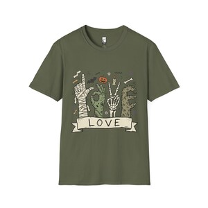 Halloween Love Shirt | Monster Hands T Shirt | Spooky Skeleton Hand Tee | Zombie Mummy Graphic Tee | Cute Creepy Fall Tee | Unisex Gift Military Green