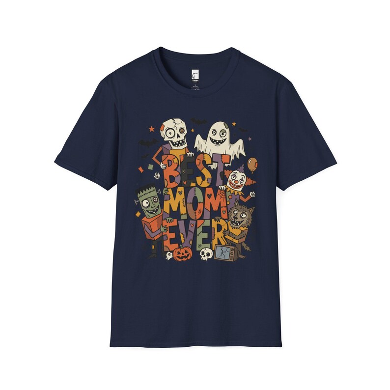 Bästa mamma någonsin Halloween-tröja | Spooky Mama T-shirt | Söt monstergrafik-tröja | Skräckmamma hösttopp | Retro läskiga kläder | Unisex present Navy