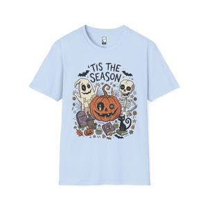 Tis The Season Halloween Shirt | Spooky Ghost T Shirt | Cute Pumpkin Graphic Tee | Retro Horror Fall Top | Gothic Cat Clothes | Unisex Gift Light Blue