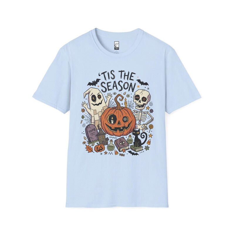 Tis The Season Halloween Shirt | Spooky Ghost T Shirt | Cute Pumpkin Graphic Tee | Retro Horror Fall Top | Gothic Cat Clothes | Unisex Gift Light Blue