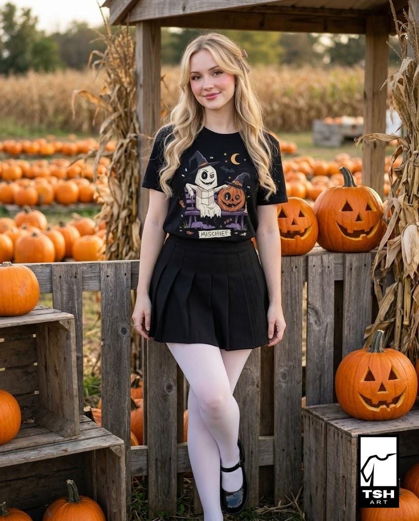 Cute Ghost Pumpkin Shirt | Witch Hat Halloween T Shirt | Spooky Season Graphic Tee | Best Friends Fall Tee | Retro Spooky Tee | Unisex Gift