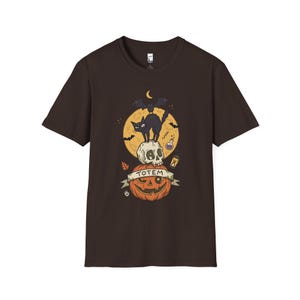 Halloween Black Cat Shirt | Skull Pumpkin Graphic Tee | Gothic Tattoo Flash T Shirt | Spooky Season Cat Lover Gift | Dark Academia Fall Top Dark Chocolate