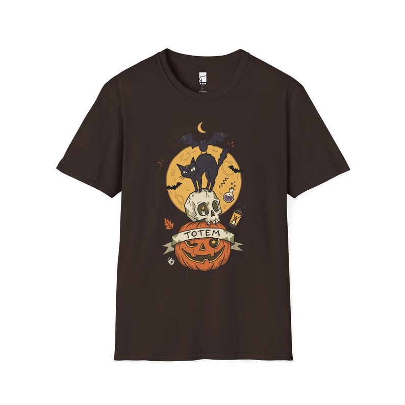 Halloween Black Cat Shirt | Skull Pumpkin Graphic Tee | Gothic Tattoo Flash T Shirt | Spooky Season Cat Lover Gift | Dark Academia Fall Top Dark Chocolate
