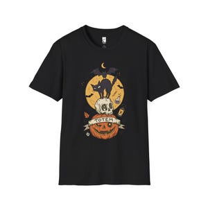 Halloween Black Cat Shirt | Skull Pumpkin Graphic Tee | Gothic Tattoo Flash T Shirt | Spooky Season Cat Lover Gift | Dark Academia Fall Top Black