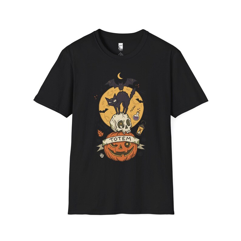 Halloween Black Cat Shirt | Skull Pumpkin Graphic Tee | Gothic Tattoo Flash T Shirt | Spooky Season Cat Lover Gift | Dark Academia Fall Top Black
