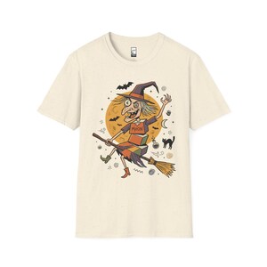 Unisex Witch T-Shirt | Retro Halloween Print | Flying Broomstick Graphic Tee | Vintage Witch T-Shirt Natural