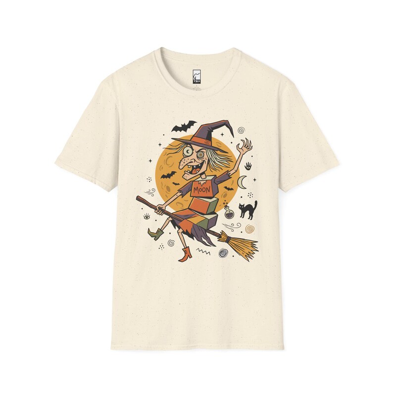 Unisex Witch T-Shirt | Retro Halloween Print | Flying Broomstick Graphic Tee | Vintage Witch T-Shirt Natural