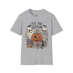 Tis The Season Halloween Shirt | Spooky Ghost T Shirt | Cute Pumpkin Graphic Tee | Retro Horror Fall Top | Gothic Cat Clothes | Unisex Gift Sport Grey