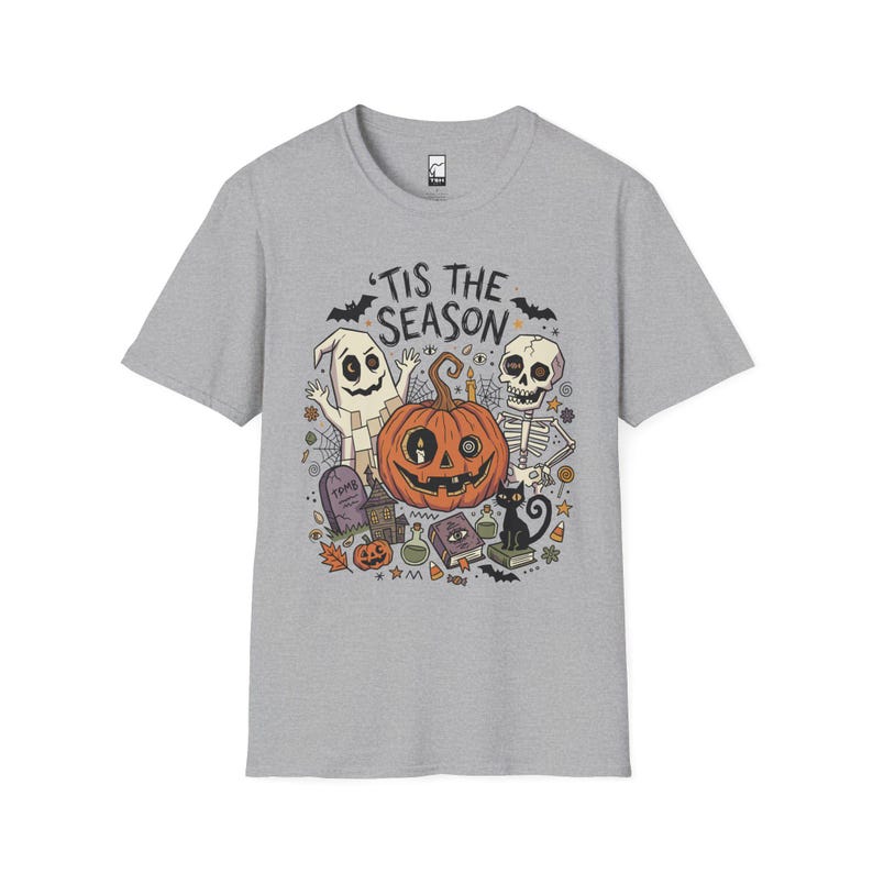 Tis The Season Halloween Shirt | Spooky Ghost T Shirt | Cute Pumpkin Graphic Tee | Retro Horror Fall Top | Gothic Cat Clothes | Unisex Gift Sport Grey