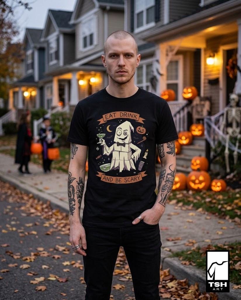 Eat Drink Ghost T-Shirt | Halloween Ghost Cocktail Tee