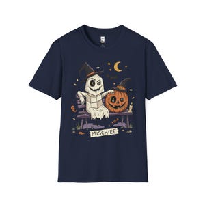 Niedliches Geister-Kürbis-Shirt | Halloween-T-Shirt mit Hexenhut | Gruseliges Grafik-T-Shirt | Herbst-T-Shirt für beste Freunde | Retro-Grusel-T-Shirt | Unisex-Geschenk Navy