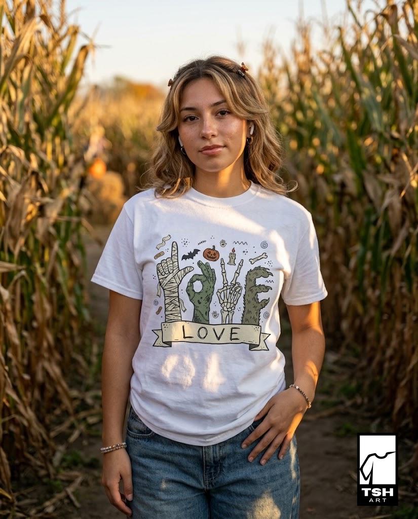 Halloween Love Shirt | Monster Hands T Shirt | Spooky Skeleton Hand Tee | Zombie Mummy Graphic Tee | Cute Creepy Fall Tee | Unisex Gift