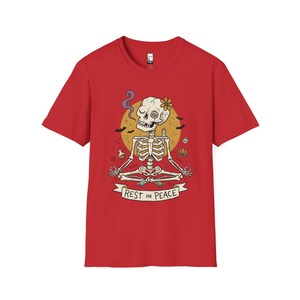 Skeleton Halloween Shirt | Rest In Peace Skull Tee | Full Moon Bat Graphic Tee | Yoga Meditation T Shirt | Vintage Spooky Tee | Unisex Gift Red