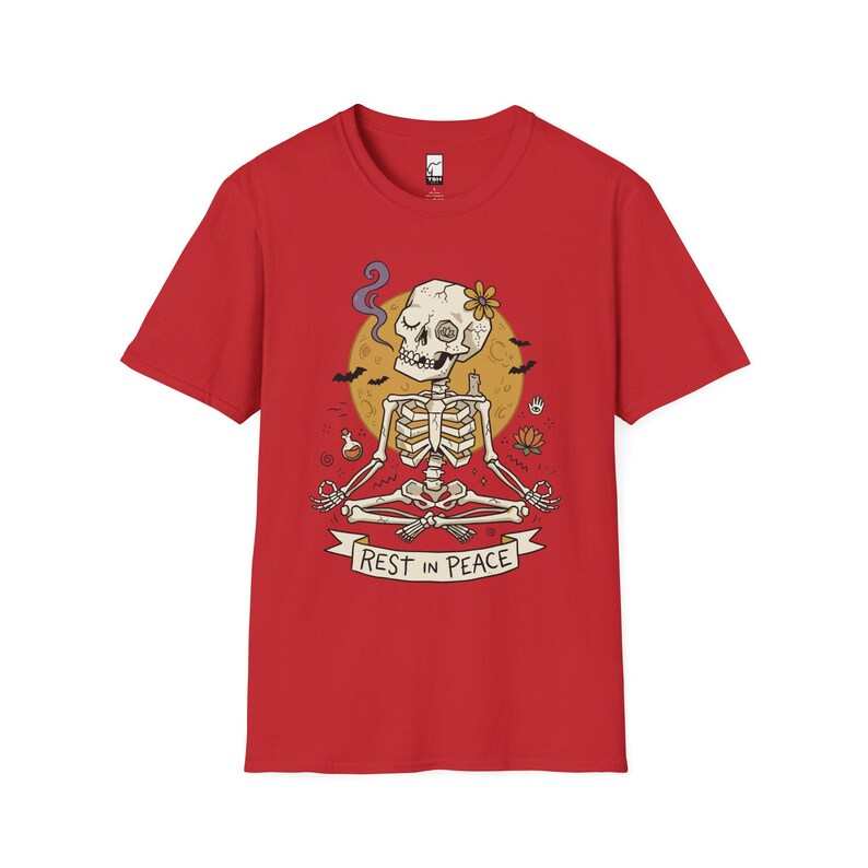 Skeleton Halloween Shirt | Rest In Peace Skull Tee | Full Moon Bat Graphic Tee | Yoga Meditation T Shirt | Vintage Spooky Tee | Unisex Gift Red