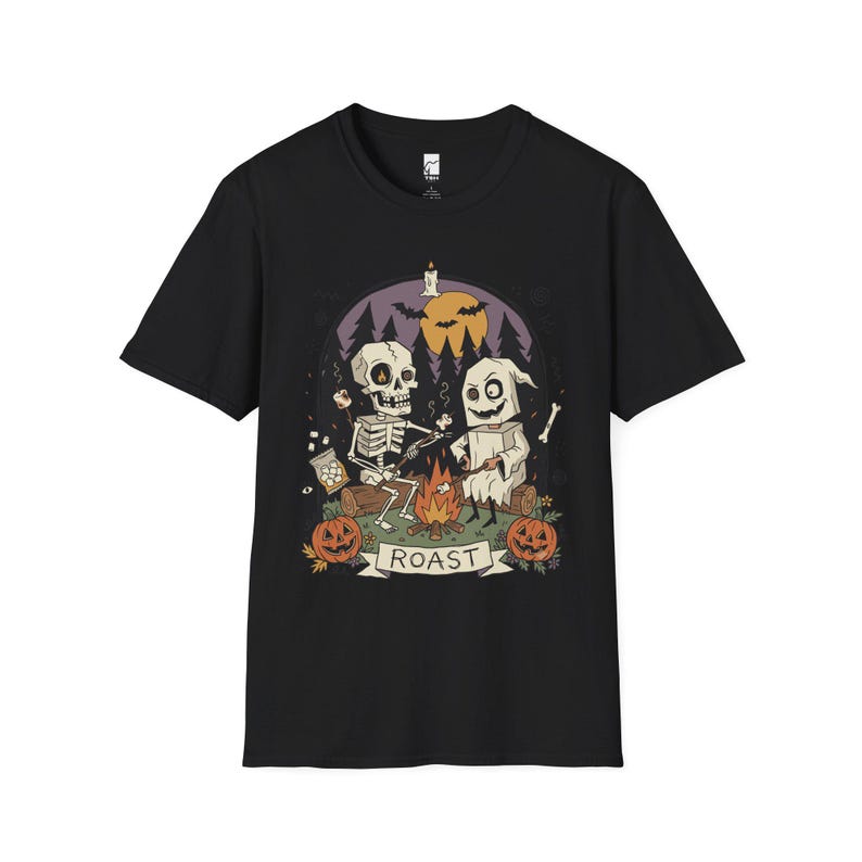 Skeleton Roast Halloween Shirt | Ghost Campfire Tee | Funny Marshmallow T Shirt | Spooky Smores Graphic Tee | Retro Fall Tee | Unisex Gift Black