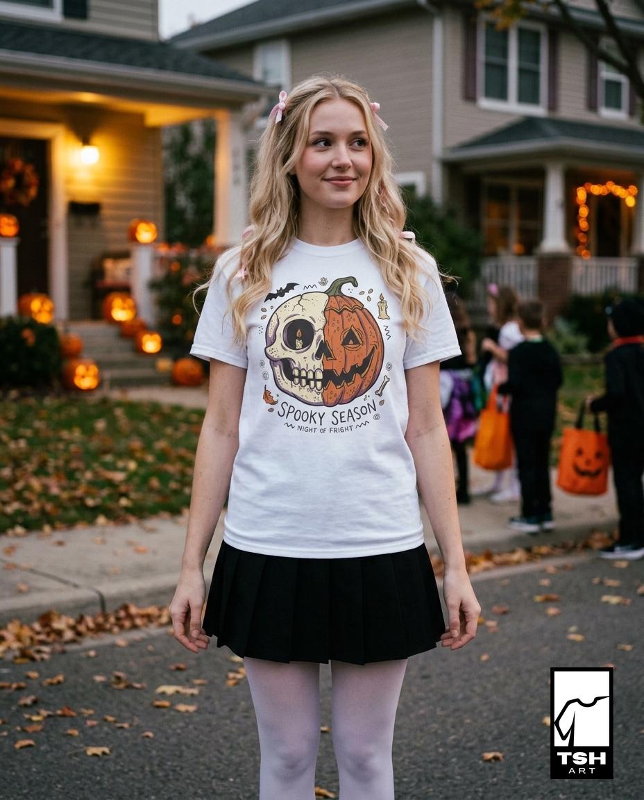 Spooky Season Halloween Shirt | Skull Pumpkin T Shirt | Retro Horror Graphic Tee | Creepy Fall Outfit | Gothic Autumn Wear | Unisex Gift