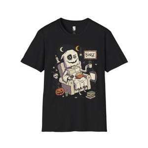Cozy Halloween Ghost Shirt | Movie Night Graphic Tee | Spooky Season T Shirt | Autumn Binge Watching Tee | Vintage Cozy Tee | Unisex Gift Black