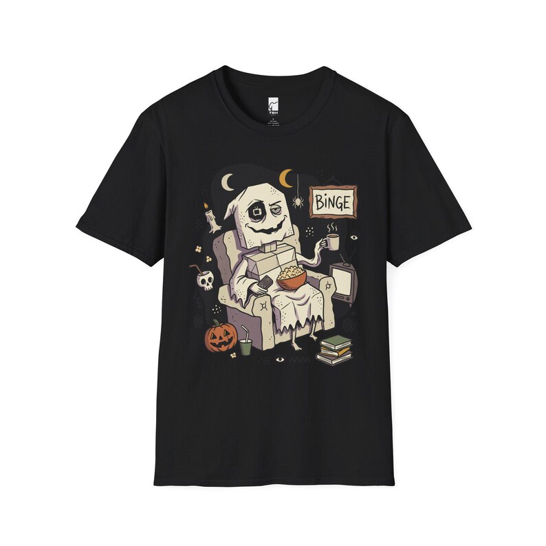 Cozy Halloween Ghost Shirt | Movie Night Graphic Tee | Spooky Season T Shirt | Autumn Binge Watching Tee | Vintage Cozy Tee | Unisex Gift Black