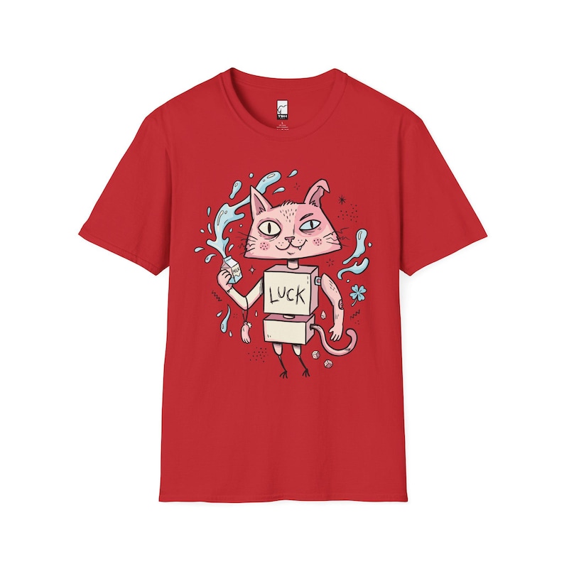 Maglietta con gatto robot surreale / Maglietta grafica con gatto rosa portafortuna, maglietta indie lowbrow art Red