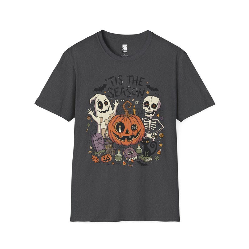 Tis The Season Halloween Shirt | Spooky Ghost T Shirt | Cute Pumpkin Graphic Tee | Retro Horror Fall Top | Gothic Cat Clothes | Unisex Gift Dark Heather
