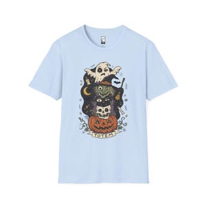 Halloween Witch Shirt | Black Cat Ghost Tee | Jack O Lantern Graphic Tee | Creepy Skull T Shirt | Retro Spooky Season Tee | Unisex Gift Light Blue