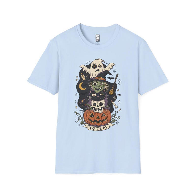 Halloween Witch Shirt | Black Cat Ghost Tee | Jack O Lantern Graphic Tee | Creepy Skull T Shirt | Retro Spooky Season Tee | Unisex Gift Light Blue