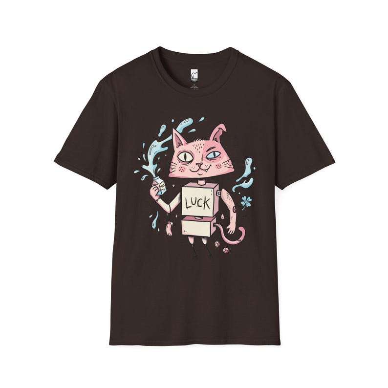 Maglietta con gatto robot surreale / Maglietta grafica con gatto rosa portafortuna, maglietta indie lowbrow art Dark Chocolate