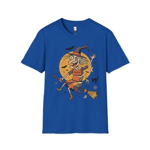 Unisex Witch T-Shirt | Retro Halloween Print | Flying Broomstick Graphic Tee | Vintage Witch T-Shirt Royal