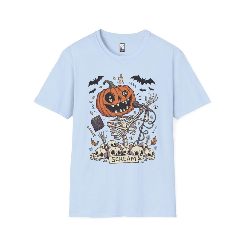 Scream Skeleton Halloween Shirt | Pumpkin Rocker T-shirt | Metal Horror Tee | Retro Herfstconcert Top | Gothic Rock Kleding | Unisex Cadeau Light Blue