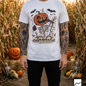 Scream Skeleton Halloween Shirt | Pumpkin Rocker T Shirt | Metal Horror Tee | Retro Fall Concert Top | Gothic Rock Clothes | Unisex Gift