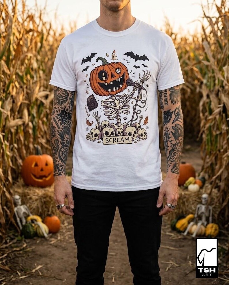 Scream Skeleton Halloween Shirt | Pumpkin Rocker T Shirt | Metal Horror Tee | Retro Fall Concert Top | Gothic Rock Clothes | Unisex Gift