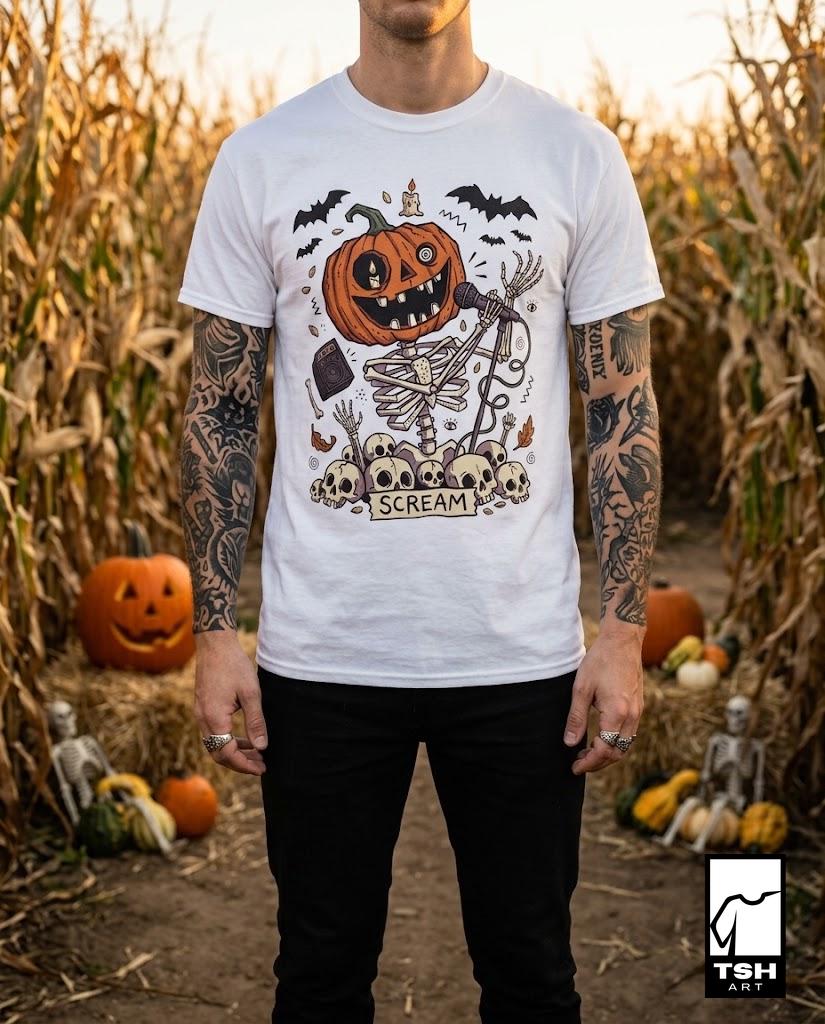 Scream Skeleton Halloween Shirt | Pumpkin Rocker T Shirt | Metal Horror Tee | Retro Fall Concert Top | Gothic Rock Clothes | Unisex Gift