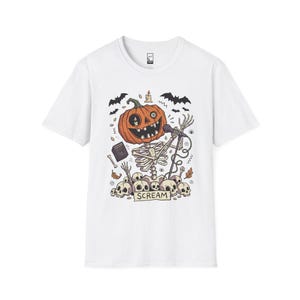 Scream Skeleton Halloween Shirt | Pumpkin Rocker T-shirt | Metal Horror Tee | Retro Herfstconcert Top | Gothic Rock Kleding | Unisex Cadeau White