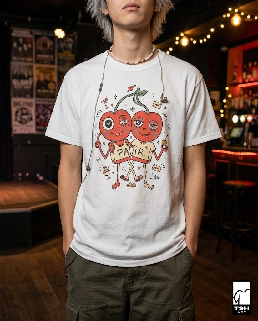 Cherry Pair T-Shirt | Quirky Couple Matching Graphic Tee, Valentine Anniversary Gift