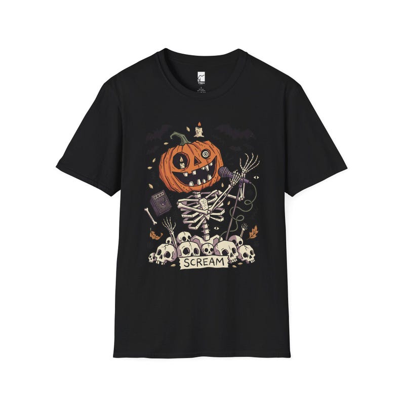 Scream Skeleton Halloween Shirt | Pumpkin Rocker T-shirt | Metal Horror Tee | Retro Herfstconcert Top | Gothic Rock Kleding | Unisex Cadeau Black